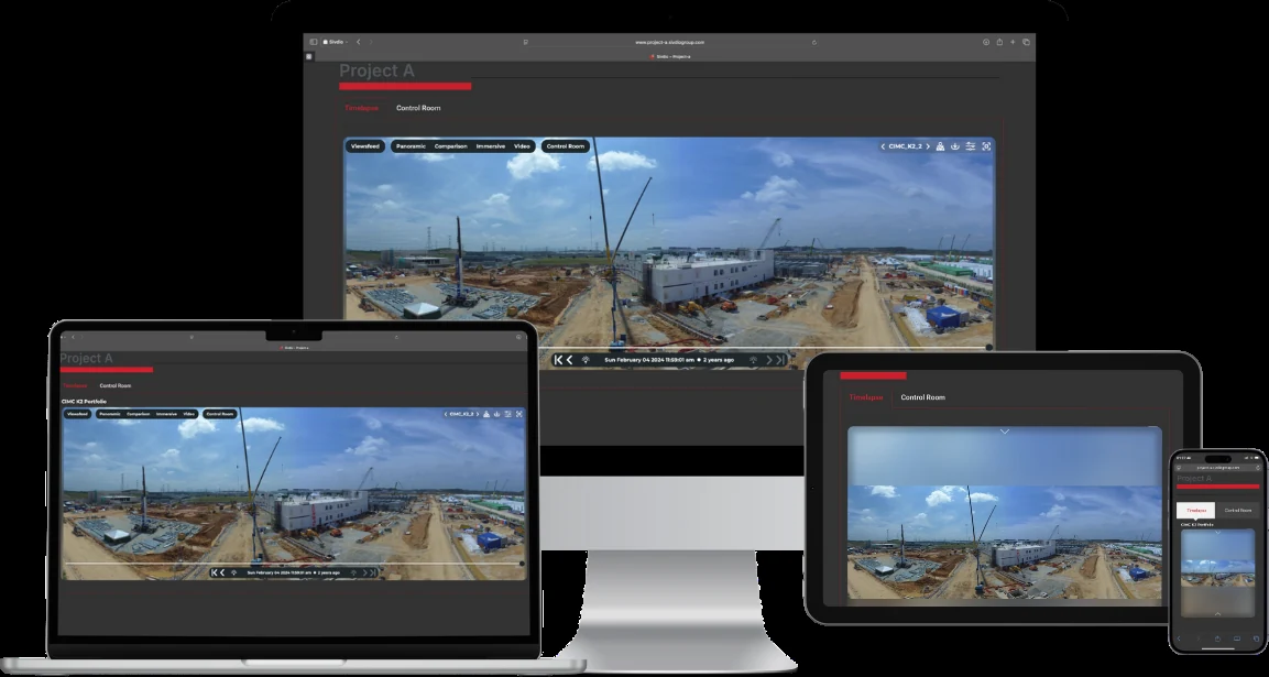 Illustrative Sivdio construction timelapse dashboard shown across multiple devices